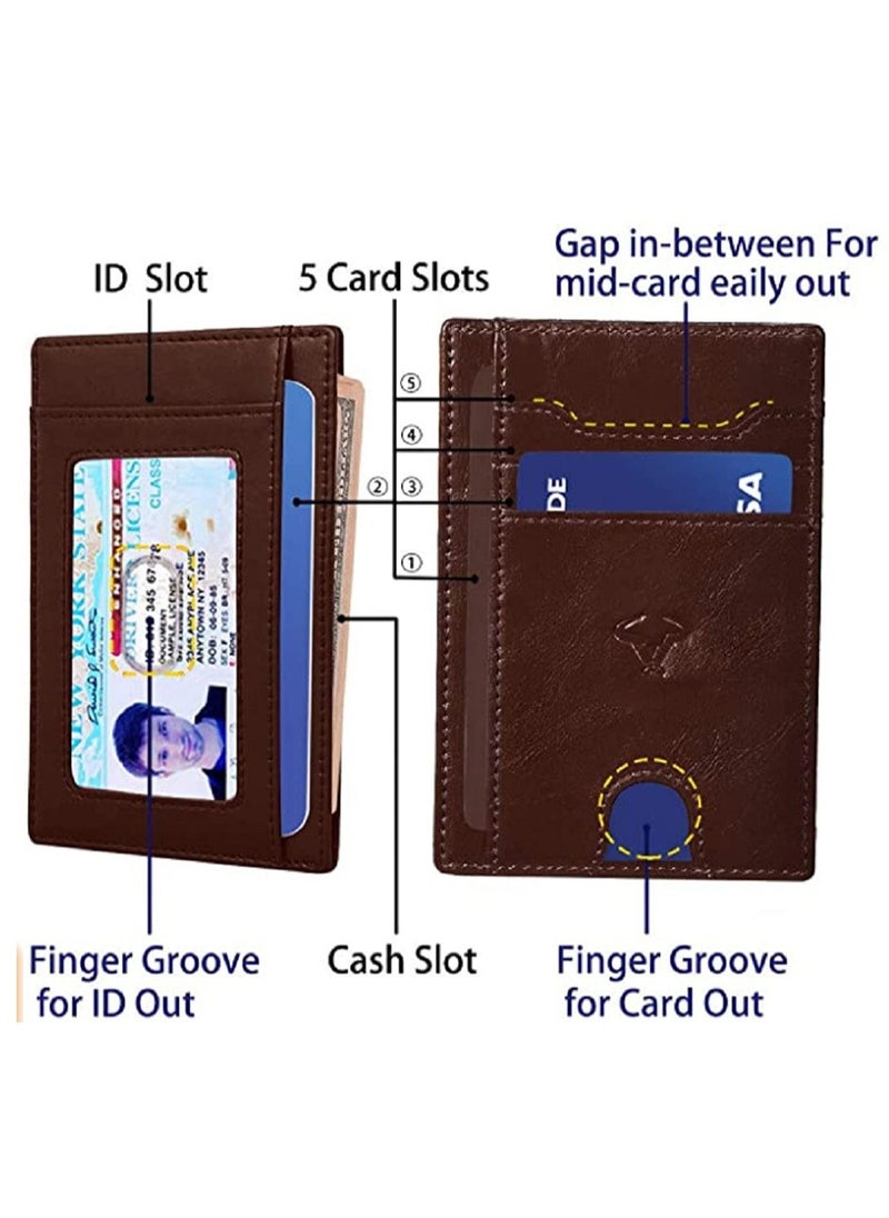 Genuine Leather Slim Wallet RFID Blocking Skinny Minimal Thin Front Pocket Wallet Sleeve Card Holder for Men 7 Card Slots 1 ID Window