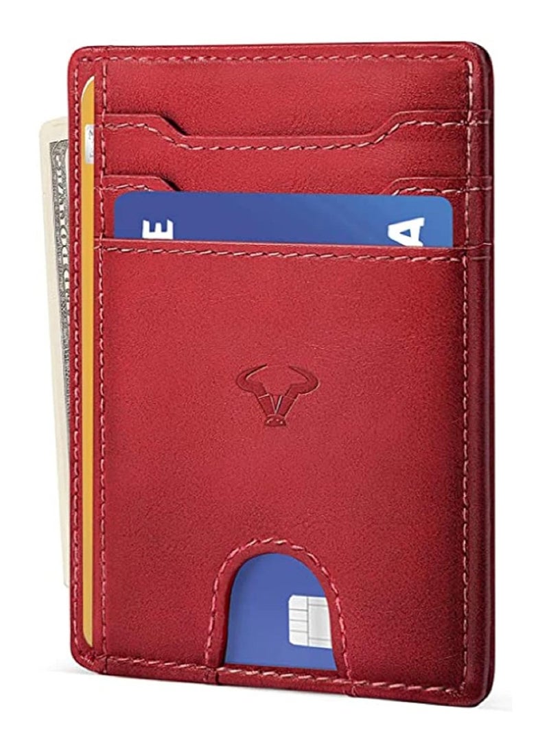 Genuine Leather Slim Wallet RFID Blocking Skinny Minimal Thin Front Pocket Wallet Sleeve Card Holder for Men 7 Card Slots 1 ID Window