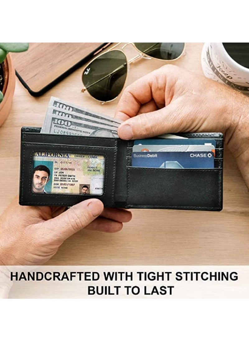 Men's Genuine Leather Wallet  RFID Blocking Wallet for Men Bifold Wallet  6 Card Slots, 1 ID Window Black