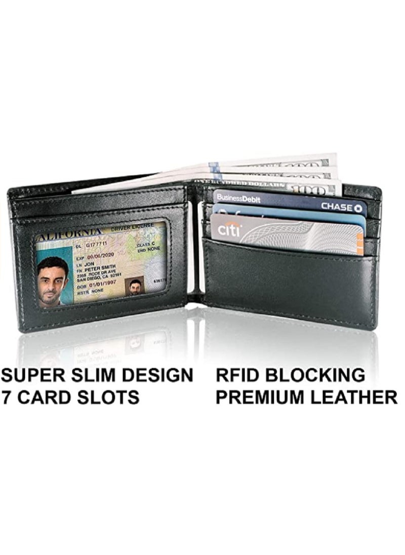 Men's Genuine Leather Wallet  RFID Blocking Wallet for Men Bifold Wallet  6 Card Slots, 1 ID Window Black