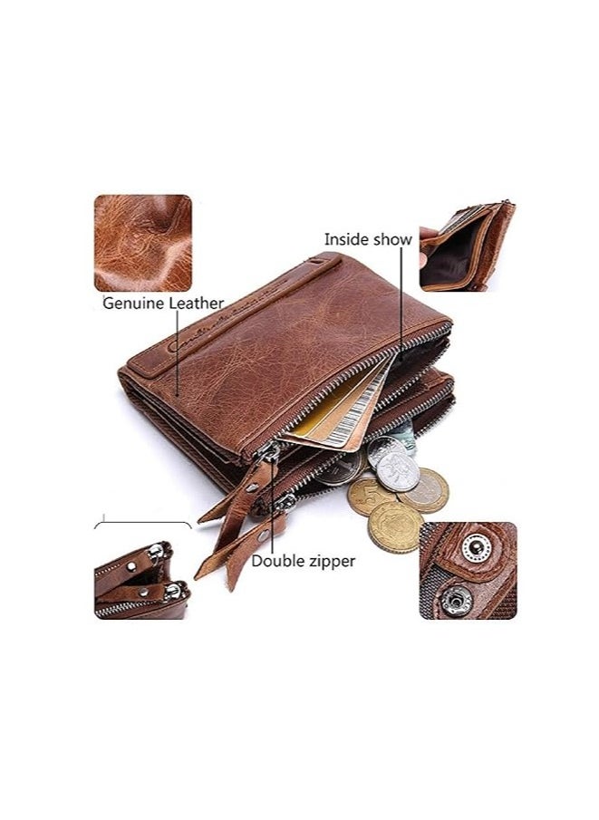 Contacts Men's Genuine Leather Wallet  RFID Blocking Wallet for Men Bifold Zip Wallet 7 Card Slots  1 ID Window