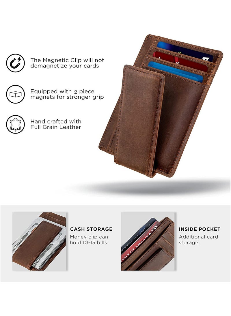 Front Pocket Wallet with Magnetic Money Clip Minimalist RFID Genuine Leather Wallets for Men Slim Credit Card Card Holder  7 Card Slots Brown