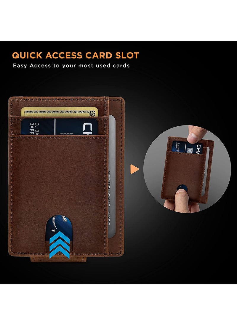 Front Pocket Wallet with Magnetic Money Clip Minimalist RFID Genuine Leather Wallets for Men Slim Credit Card Card Holder  7 Card Slots Brown