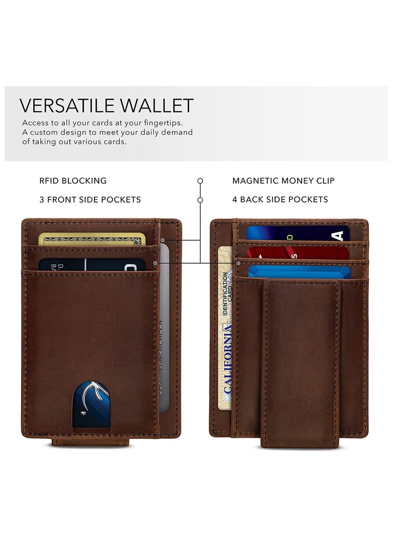 Front Pocket Wallet with Magnetic Money Clip Minimalist RFID Genuine Leather Wallets for Men Slim Credit Card Card Holder  7 Card Slots Brown