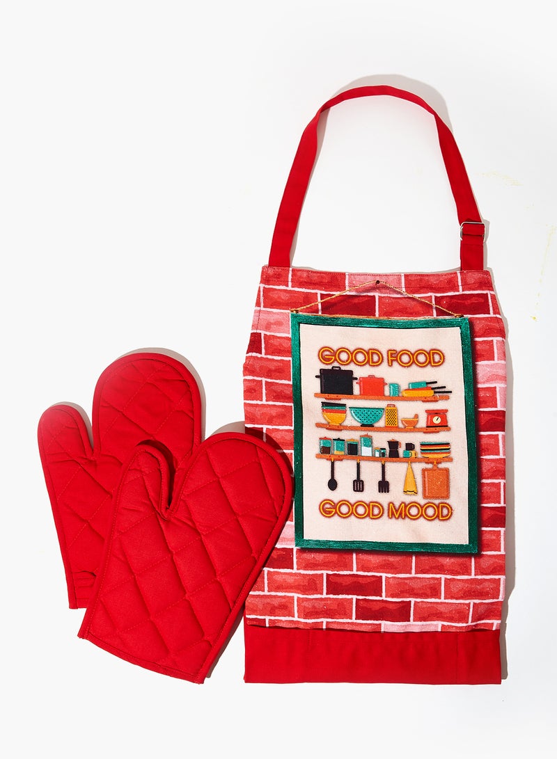 3 Piece Kitchen Apron Set - Apron, Oven Gloves - Cooking Bib - Kitchen Gloves - Red Red