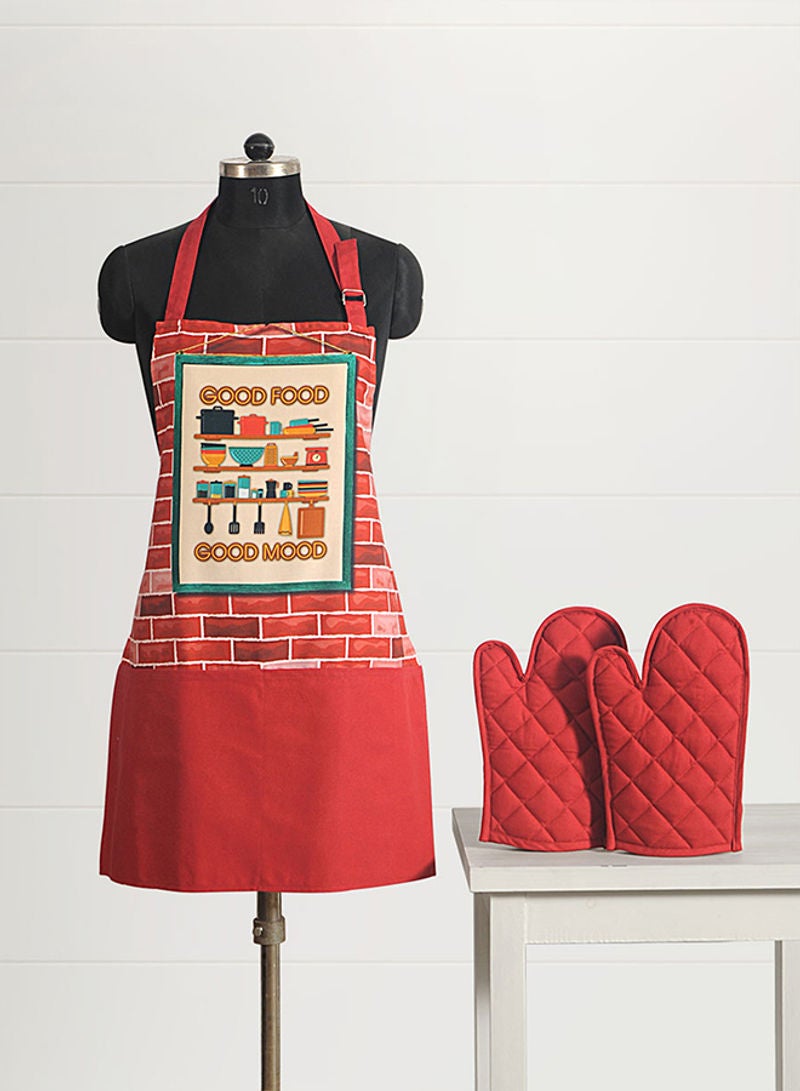 3 Piece Kitchen Apron Set - Apron, Oven Gloves - Cooking Bib - Kitchen Gloves - Red Red