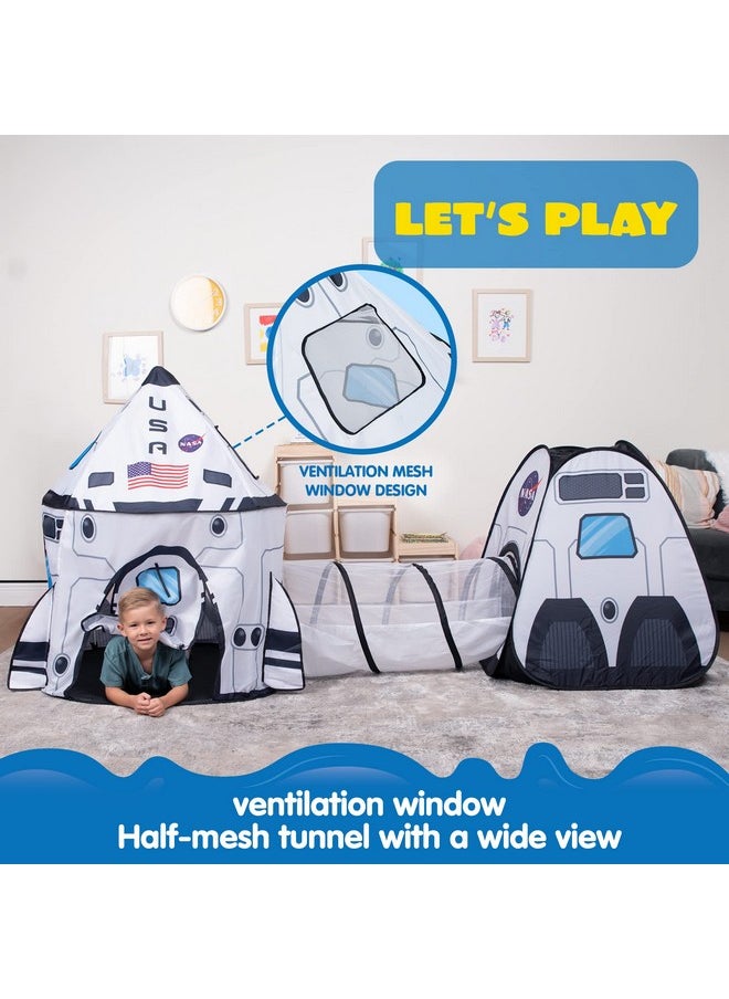 White Rocket Ship Pop Up Play Tent With Tunnel And Playhouse Kids Indoor Outdoor Spaceship Tent Set