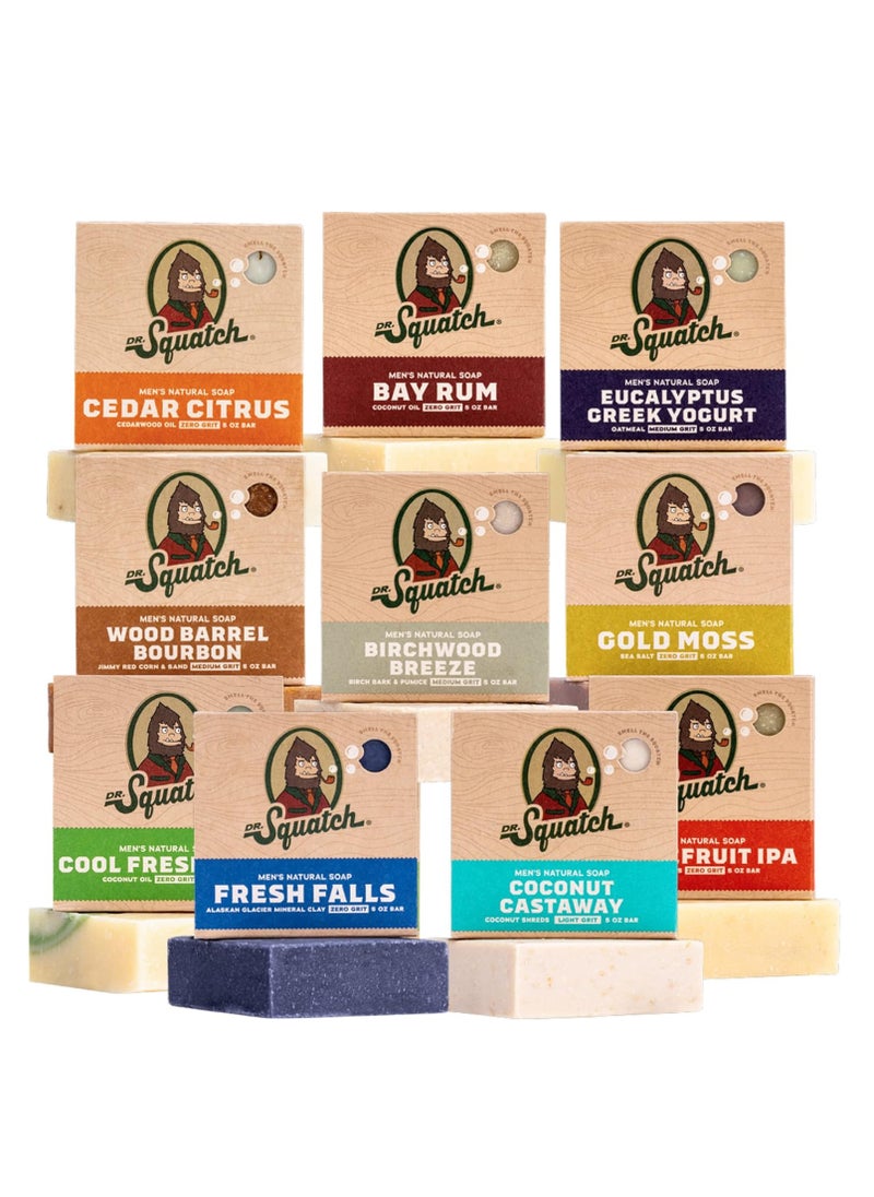 Dr. Squatch Men's Bar Soap Gift Set (10 Bars) – Men's Natural Bar Soap - Birchwood Breeze, Fresh Falls, Wood Barrel Bourbon, Coconut Castaway, Cedar Citrus, Bay Rum Soap, and more