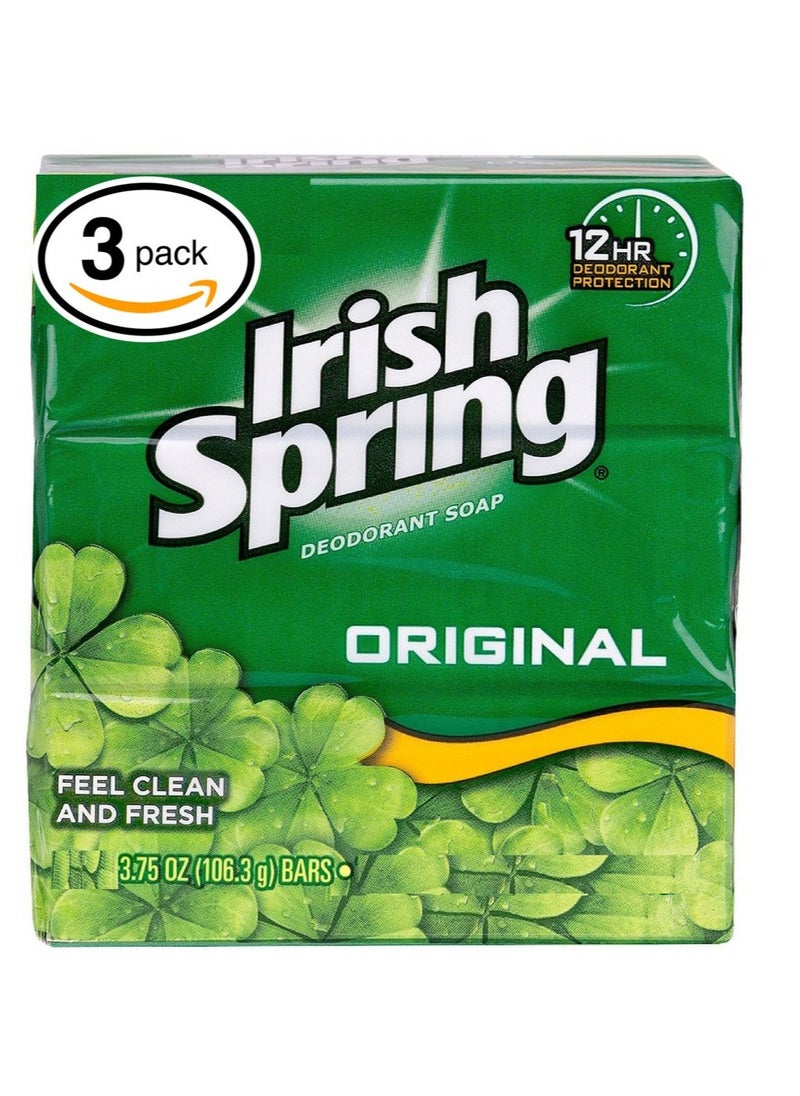 (PACK OF 3 BARS) Irish Spring ORIGINAL SCENT Bar Soap for Men& Women. 12-HOUR ODOR / DEODORANT PROTECTION! For Healthy Feeling Skin. Great for Hands, Face & Body! (3 Bars, 3.75oz Each Bar)