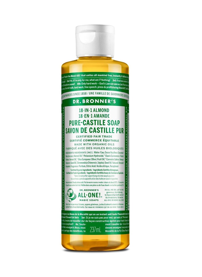 Dr. Bronner's - Pure-Castile Liquid Soap (Almond, 8 ounce) - Made with Organic Oils, 18-in-1 Uses: Face, Body, Hair, Laundry, Pets and Dishes, Concentrated, Vegan, Non-GMO