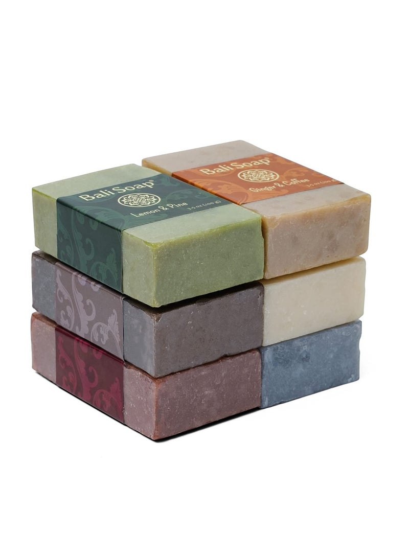 Bali Soap - Masculine Collection Natural Soap Bar Gift Set, 6 pc Variety Pack, Lemon-Pine, Ginger-Coffee, Sandalwood-Mint, Agarwood-Spice, Clove-Cinnamon, Eucalyptus-Lime 3.5 Oz each