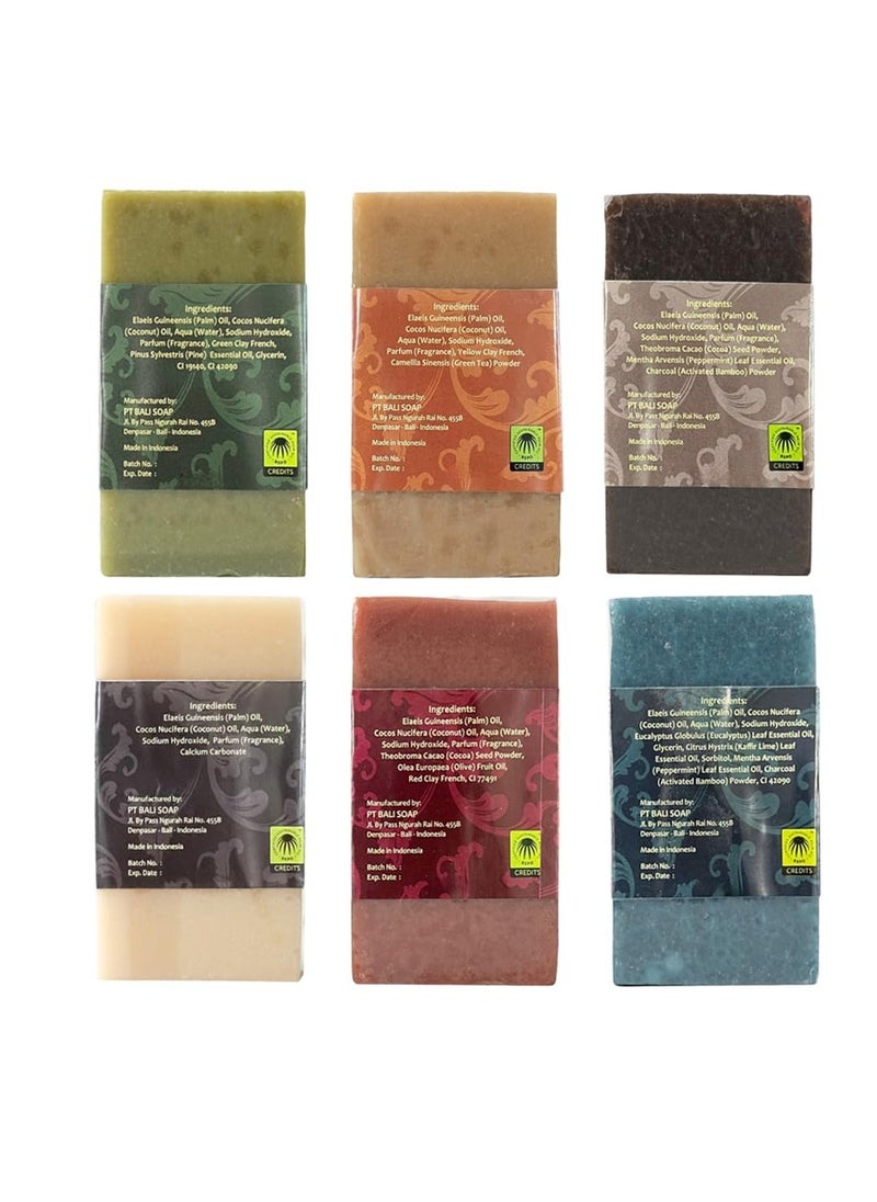 Bali Soap - Masculine Collection Natural Soap Bar Gift Set, 6 pc Variety Pack, Lemon-Pine, Ginger-Coffee, Sandalwood-Mint, Agarwood-Spice, Clove-Cinnamon, Eucalyptus-Lime 3.5 Oz each