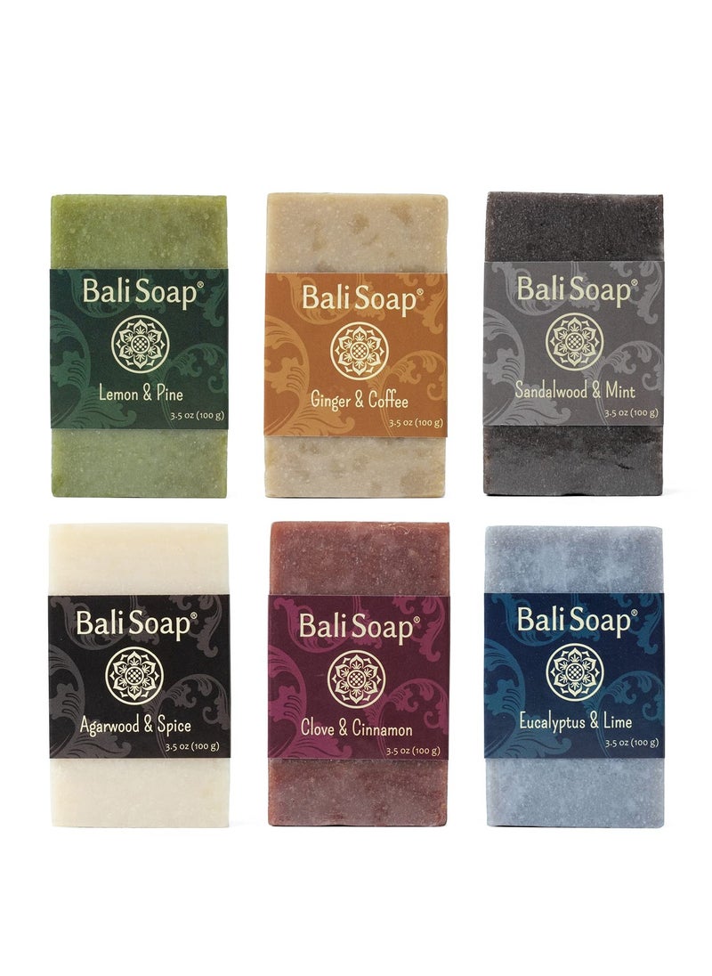 Bali Soap - Masculine Collection Natural Soap Bar Gift Set, 6 pc Variety Pack, Lemon-Pine, Ginger-Coffee, Sandalwood-Mint, Agarwood-Spice, Clove-Cinnamon, Eucalyptus-Lime 3.5 Oz each