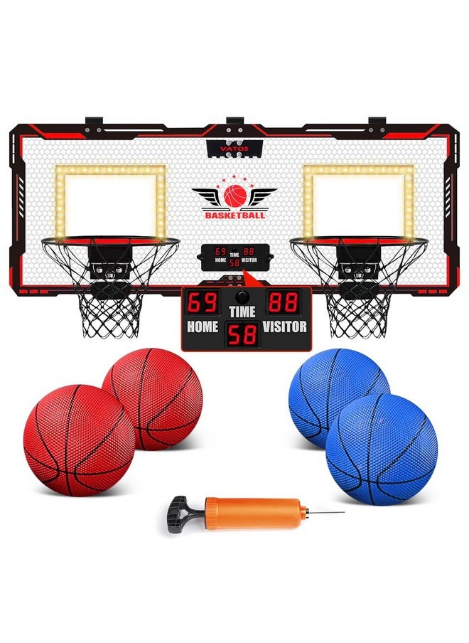 2 Player Basketball Hoop Indoor, Over The Door Mini Basketball Hoop Indoor With Scoreboard, 4 Balls, Pump, Dual Shot Electric Basketball Toy Gifts For Kids Boys Girls Bedroom Office Outdoor Pool