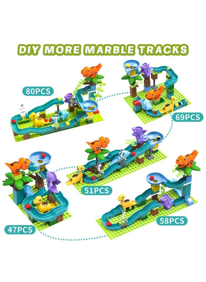 Exclusive Dinosaur Marble Run Compatible Building Blocks With Pendulum Hammer Track Race, Building Brick Maze Ball Game, Stem Educational Learning Toy Super Gift For Boys Girls Ages 4-8