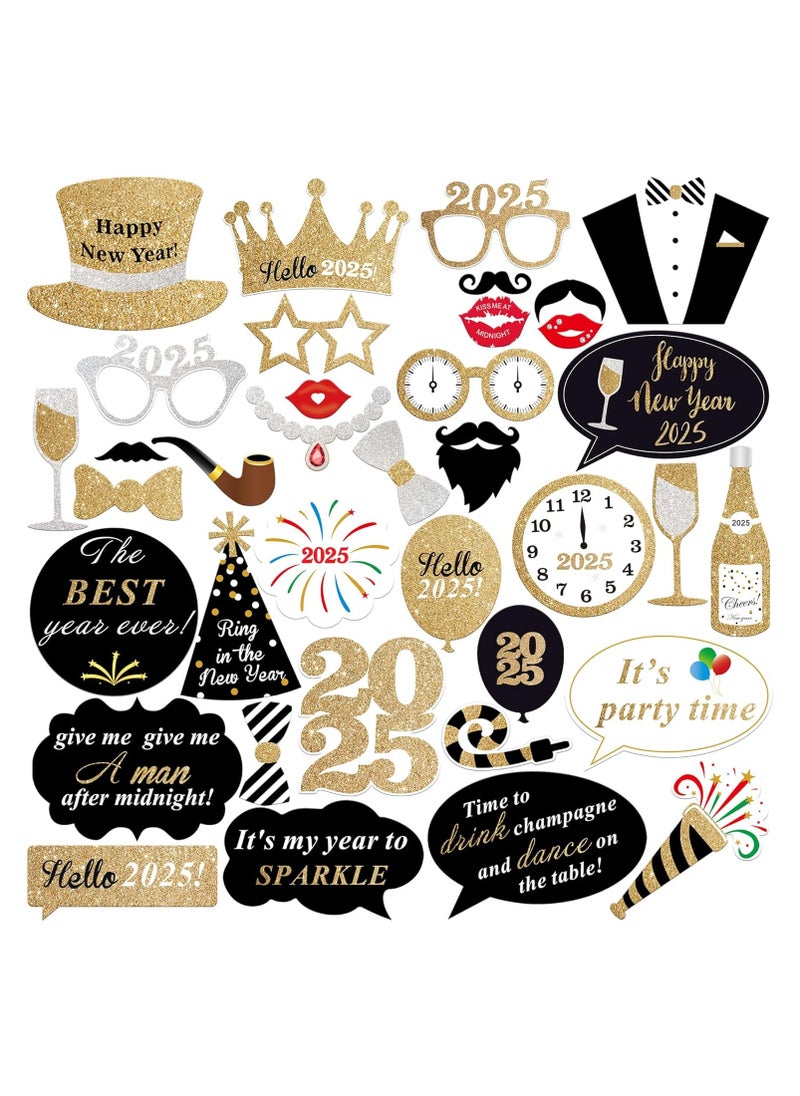 New Years Photo Booth Props 2025 - Huge, Pack of 35 | New Years Eve Photo Booth Props 2025 for Happy New Years Decorations 2025 | New Years Photo Props, New Years Eve Party Supplies 2025