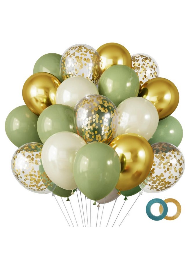 65 Pcs 12 Inches Sage Green Gold Confetti Balloons Kit, Green Gold Sand White Party Balloons With Ribbons For Tiana Birthday, Wedding, Baby Shower, Graduation, Eucalyptus Party Decorations