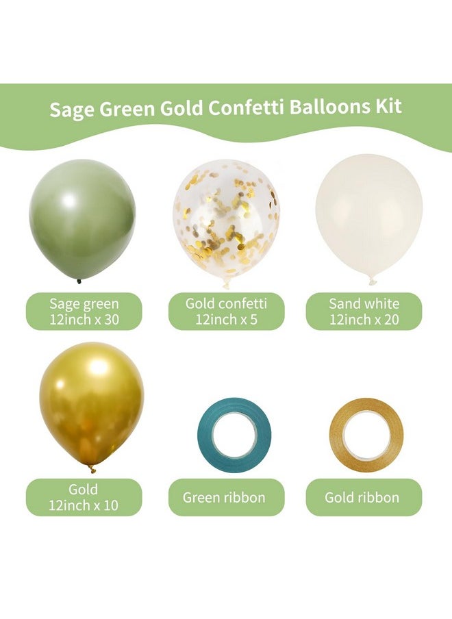 65 Pcs 12 Inches Sage Green Gold Confetti Balloons Kit, Green Gold Sand White Party Balloons With Ribbons For Tiana Birthday, Wedding, Baby Shower, Graduation, Eucalyptus Party Decorations