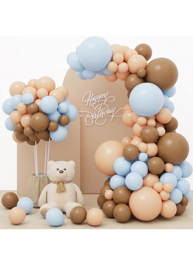 156Pcs Brown Blue Balloon Garland Arch Kit, Bear Baby Shower Decoration With Boho Brown Skin Color Blue Balloons For Gender Reveal And Birthday Party Decoration