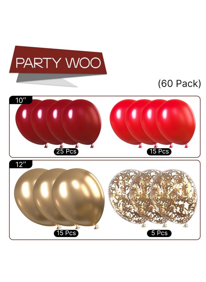 Red And Gold Balloons, 60 Pcs Burgundy Balloons, Ruby Red Balloons, Gold Confetti Balloons, Gold Metallic Balloons For Red And Gold Party Decorations, Burgundy Party Decorations