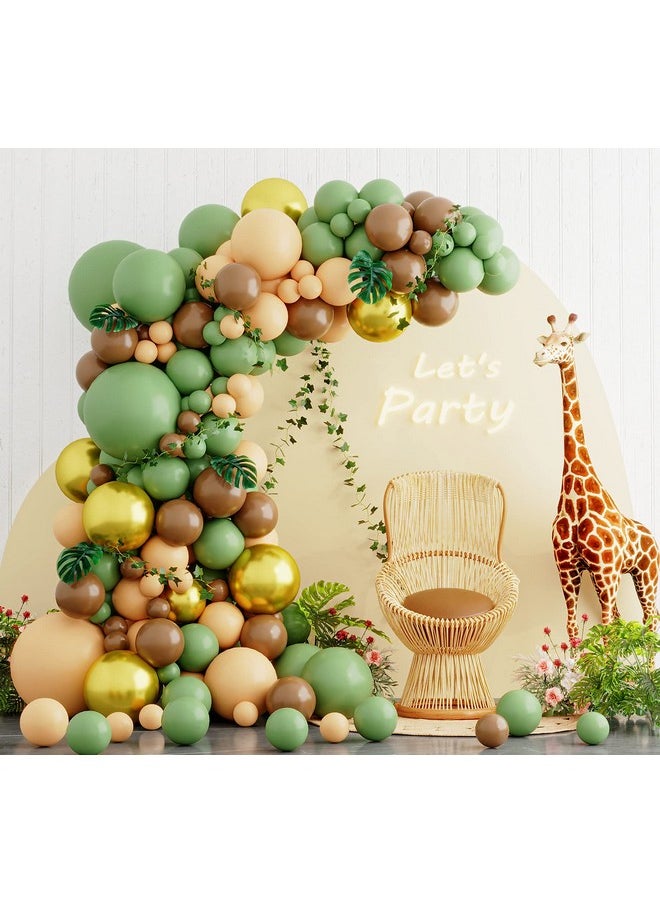 160Pcs Sage Green Brown Balloon Garland Kit Jungle Safari Woodland Balloon Arch With Sage Green Dark Brown Beige Gold Matte Balloons For Jungle Party Baby Shower Safari Birthday Decorations