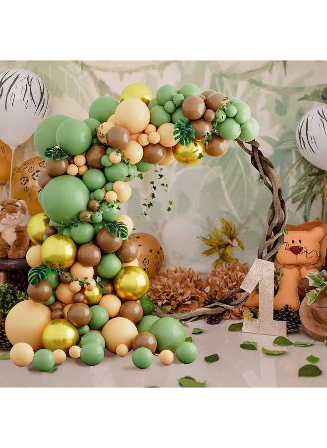 160Pcs Sage Green Brown Balloon Garland Kit Jungle Safari Woodland Balloon Arch With Sage Green Dark Brown Beige Gold Matte Balloons For Jungle Party Baby Shower Safari Birthday Decorations