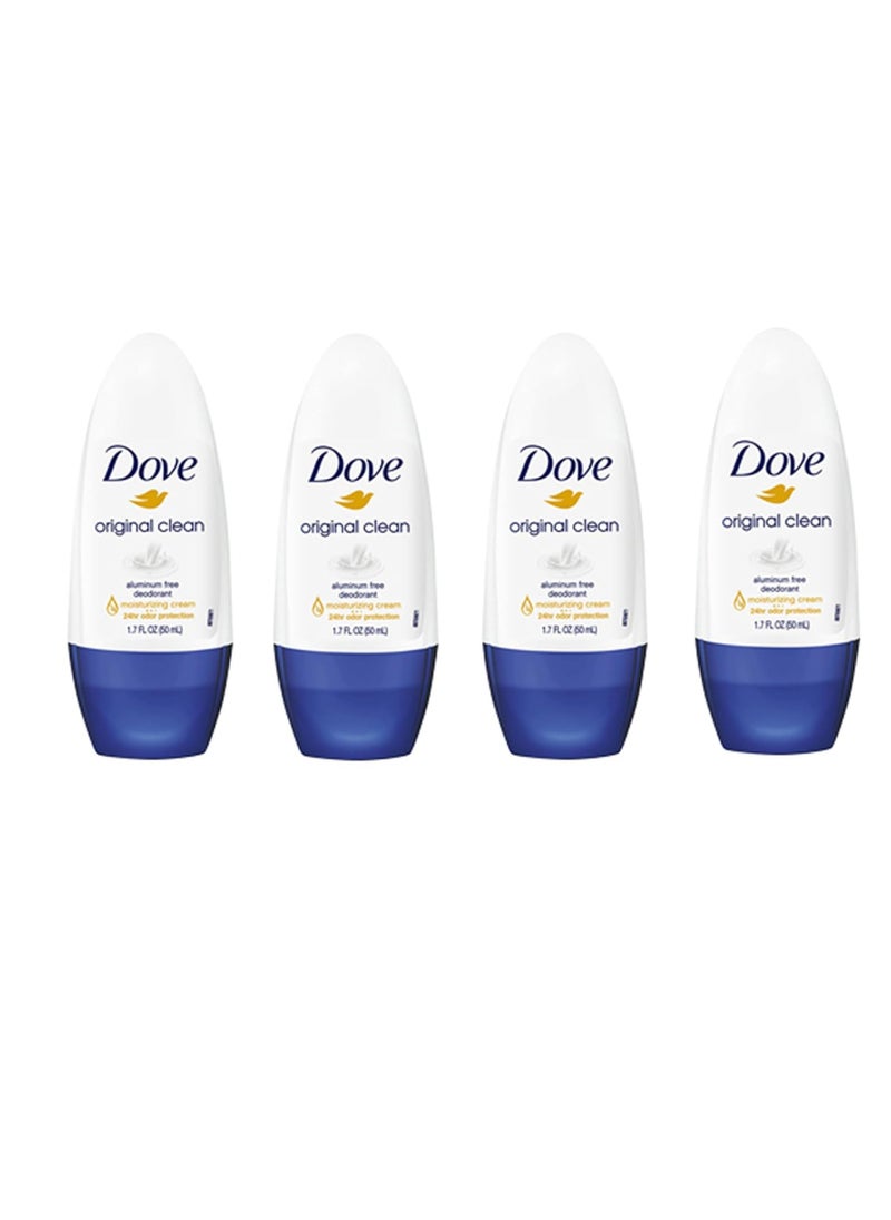 Dove Original Clean Roll On Deodorant, Aluminum Free, All Day Odor Protection, 4-Pack, 1.7 FL Oz Each, 4 Bottles