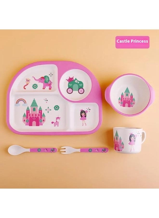 5 Pieces Eco-Friendly Bamboo Fiber Baby Feeding Tableware Set Newborns -Pink,Kids Dinnerware Set Bamboo 5 Pcs Plate Bowl Cup Fork Spoon