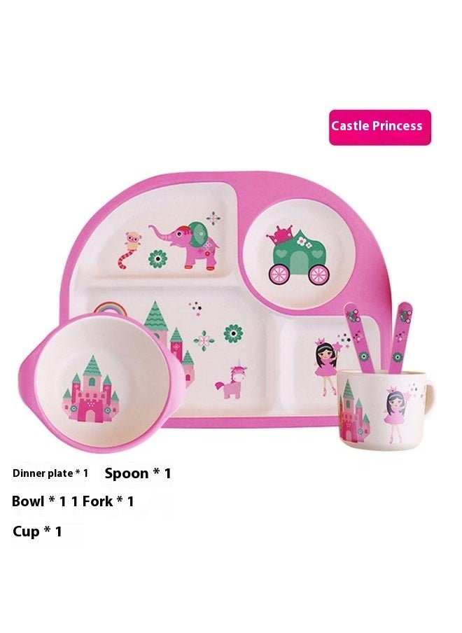 5 Pieces Eco-Friendly Bamboo Fiber Baby Feeding Tableware Set Newborns -Pink,Kids Dinnerware Set Bamboo 5 Pcs Plate Bowl Cup Fork Spoon