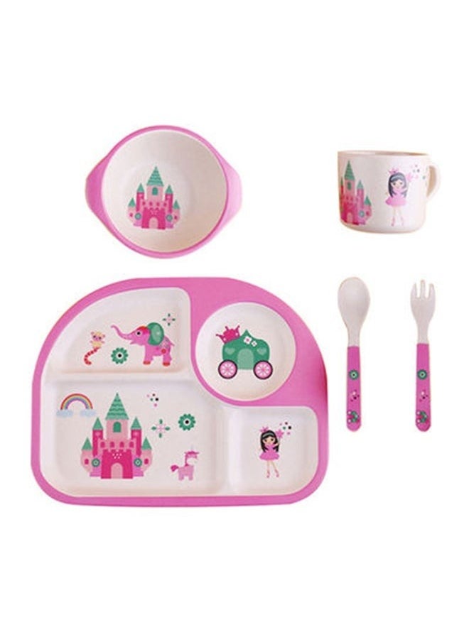 5 Pieces Eco-Friendly Bamboo Fiber Baby Feeding Tableware Set Newborns -Pink,Kids Dinnerware Set Bamboo 5 Pcs Plate Bowl Cup Fork Spoon