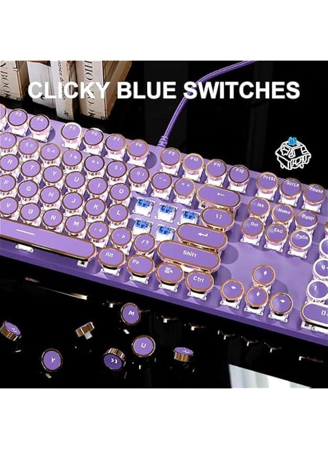 Typewriter Mechanical Gaming Keyboard, Retro Purple Punk Round Keycap LED White Backlit Wired Keyboard with Detachable Wrist Rest for Game and Office, for Windows Laptop PC, Blue Switches