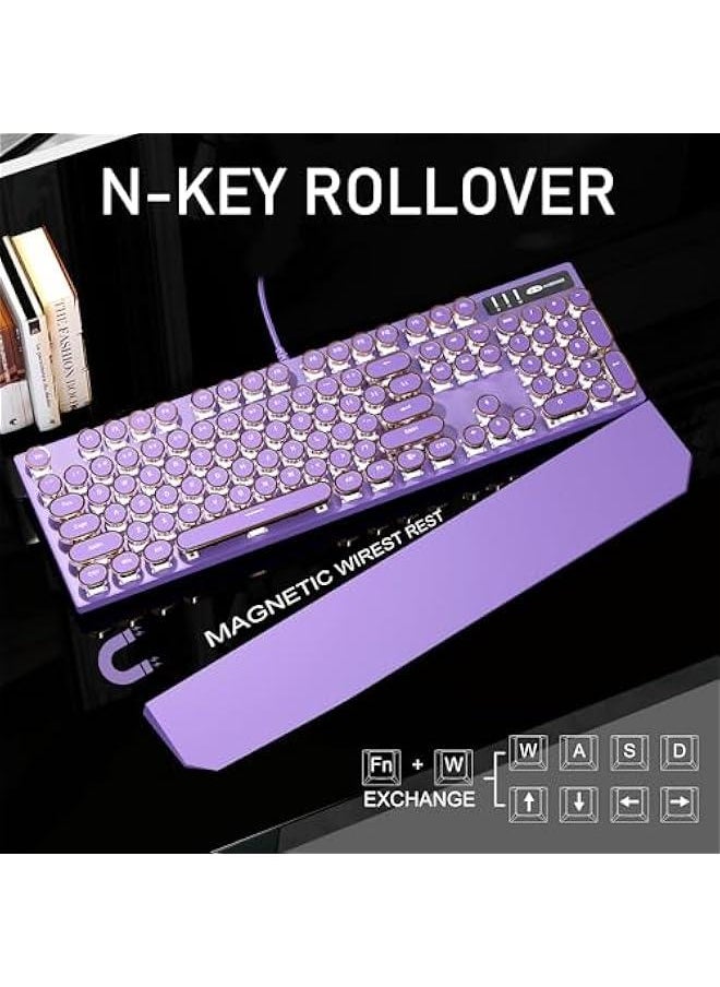 Typewriter Mechanical Gaming Keyboard, Retro Purple Punk Round Keycap LED White Backlit Wired Keyboard with Detachable Wrist Rest for Game and Office, for Windows Laptop PC, Blue Switches