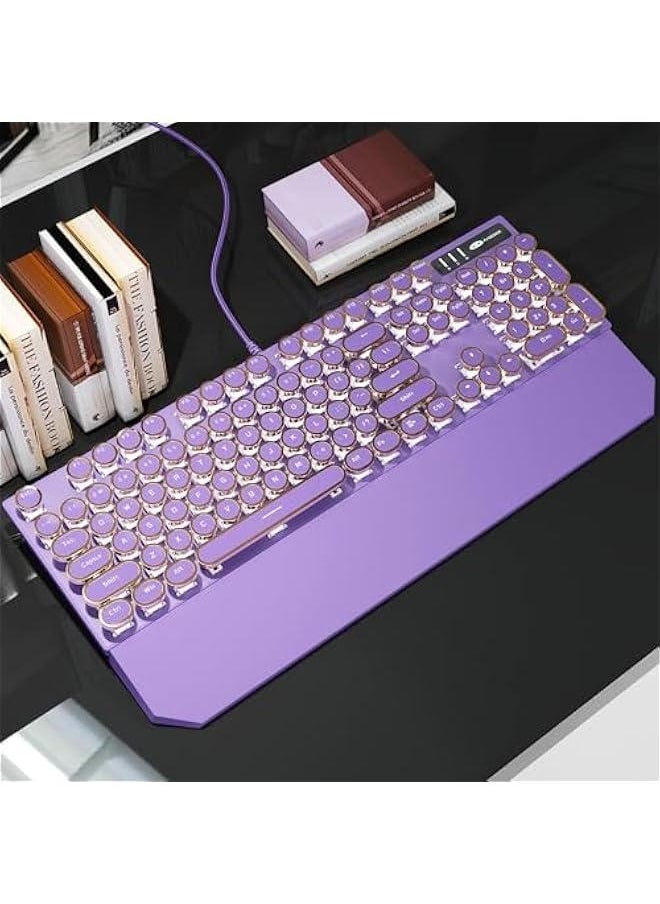 Typewriter Mechanical Gaming Keyboard, Retro Purple Punk Round Keycap LED White Backlit Wired Keyboard with Detachable Wrist Rest for Game and Office, for Windows Laptop PC, Blue Switches