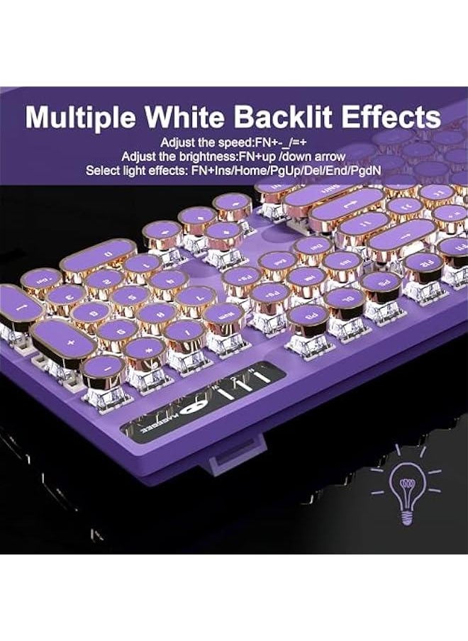 Typewriter Mechanical Gaming Keyboard, Retro Purple Punk Round Keycap LED White Backlit Wired Keyboard with Detachable Wrist Rest for Game and Office, for Windows Laptop PC, Blue Switches