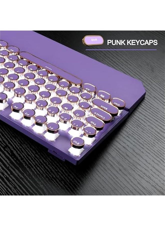 Typewriter Mechanical Gaming Keyboard, Retro Purple Punk Round Keycap LED White Backlit Wired Keyboard with Detachable Wrist Rest for Game and Office, for Windows Laptop PC, Blue Switches