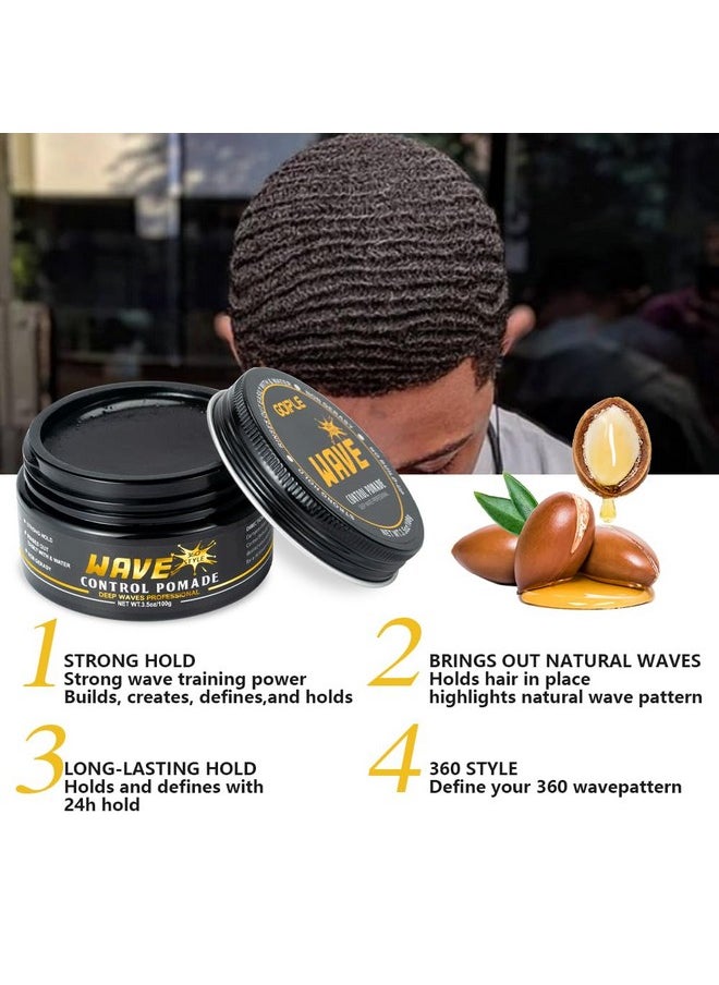 Strong Hold Wave Pomade For Men, Easy Wash 360 Wave Training Hair Cream Grease Promotes Layered Waves, Moisture, Silky Shine, Brush And Durag Cap Set (Blue)