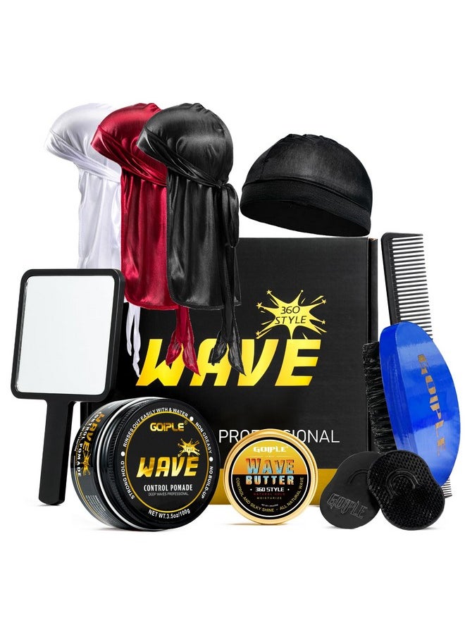 Strong Hold Wave Pomade For Men, Easy Wash 360 Wave Training Hair Cream Grease Promotes Layered Waves, Moisture, Silky Shine, Brush And Durag Cap Set (Blue)