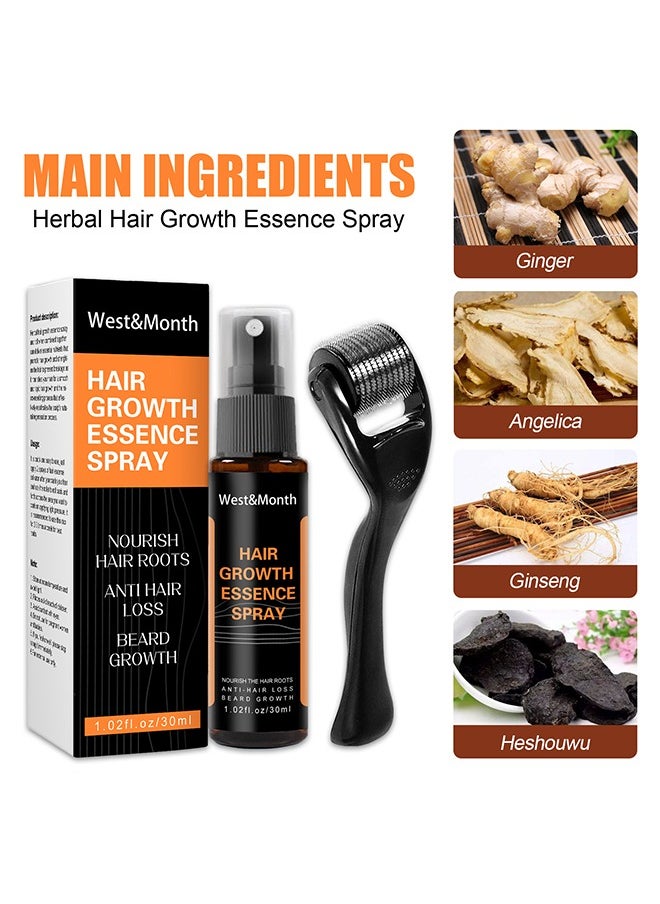 Hair Growth Essence Spray - Anti-Slip Hair Nourishing Growth Liquid Thickening Hairline Essence Spray With Microne Roller 30ml