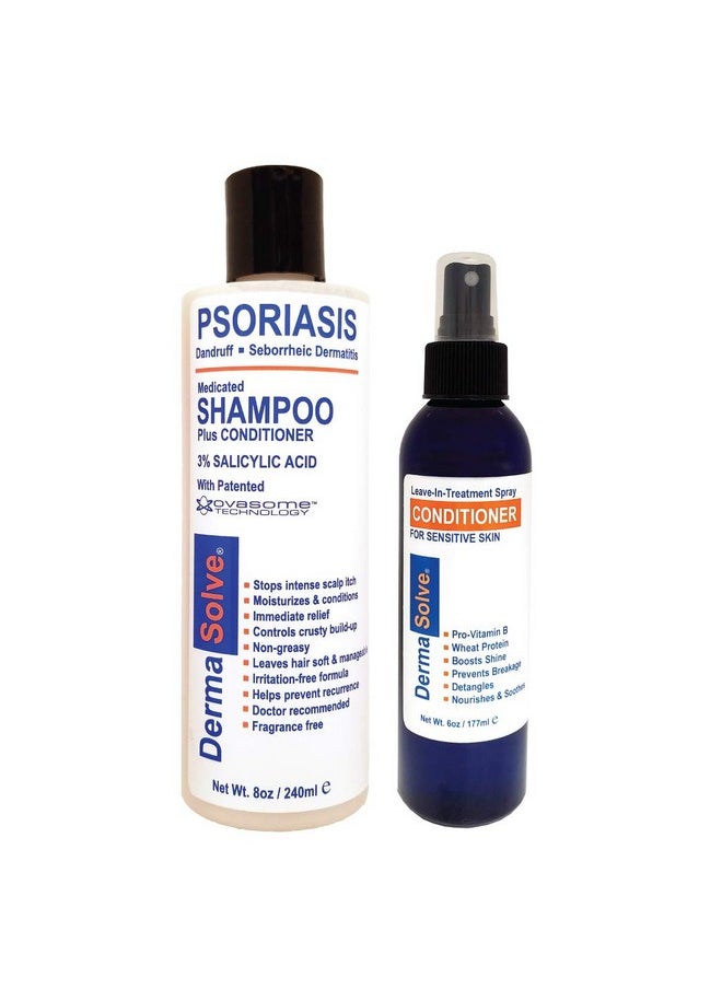 Psoriasis Shampoo And Leave-In Styling Spray Conditioner (Combo Pack) | Detangler For Sensitive Skin, Soothing Anti Dandruff, De-Flake, Dry Scalp Treatment For Seborrheic Dermatitis & Damaged Hair