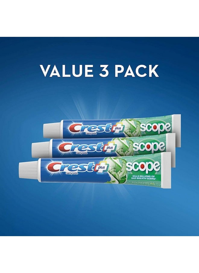 + Scope Whitening Toothpaste - Pack Of 3, 5.4 Oz Tubes - Anticavity Fluoride Toothpaste, Fresh Breath, Kills Germs - Tartar Protection, Enamel Protection - Minty Fresh Flavor