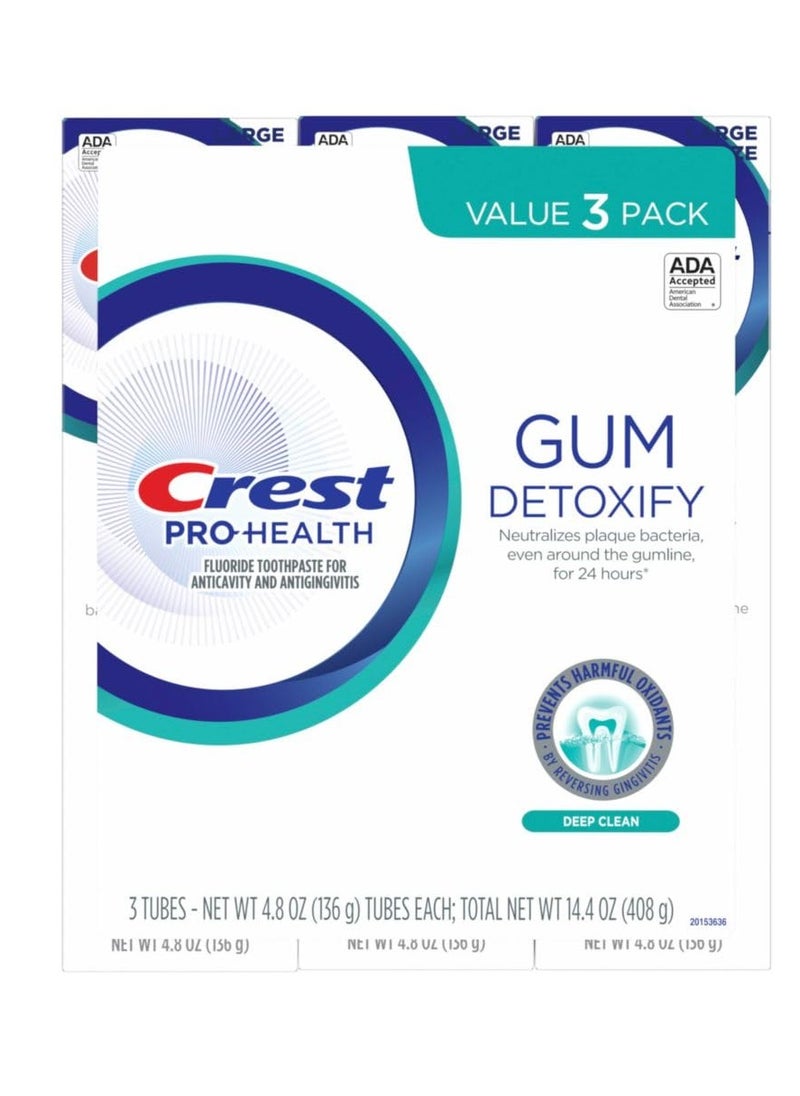 Crest Pro-Health Gum Detoxify Deep Clean Toothpaste, 4.8 oz Pack of 3 - Anticavity, Antibacterial Flouride Toothpaste, Clinically Proven, Gum and Enamel Protection, Plaque Control