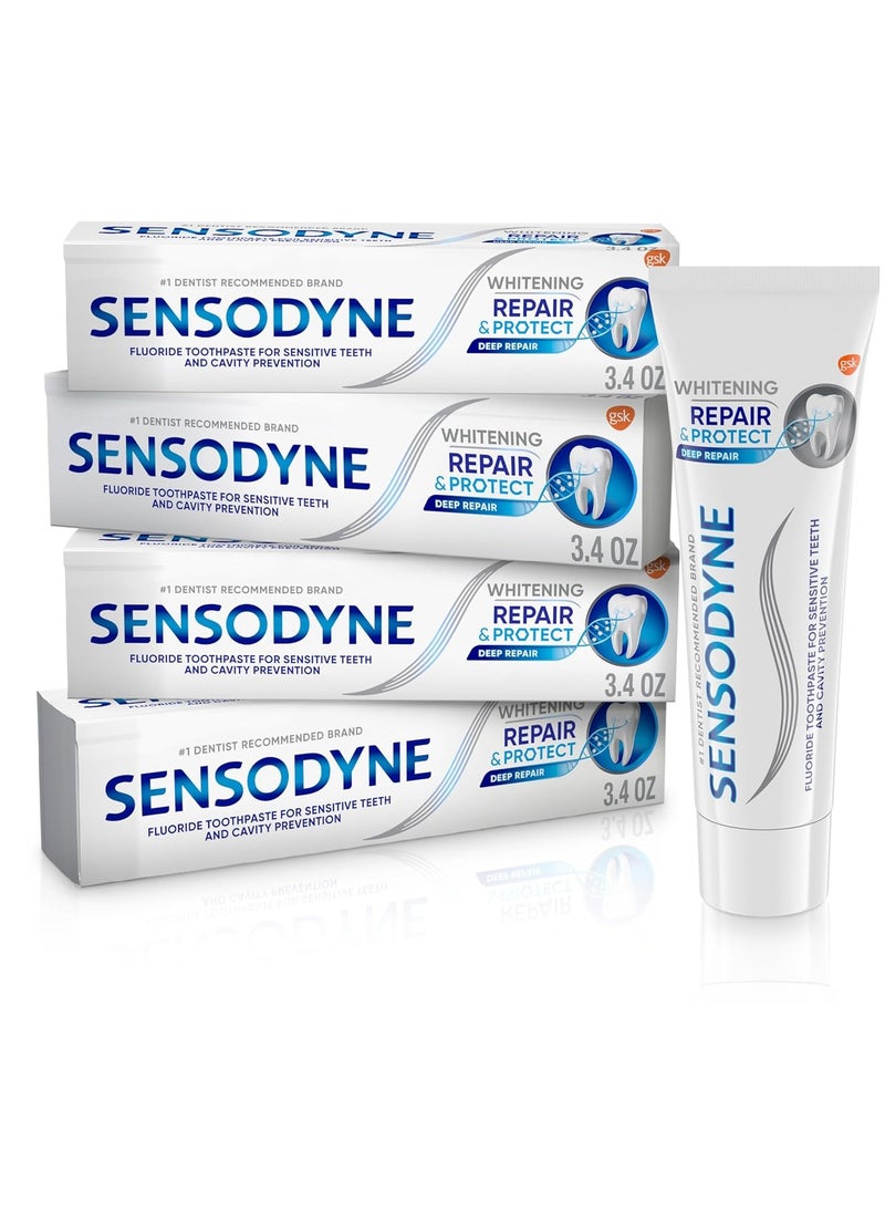 Sensodyne Repair and Protect Whitening Toothpaste, Toothpaste for Sensitive Teeth and Cavity Prevention, 3.4 oz (Pack of 4)