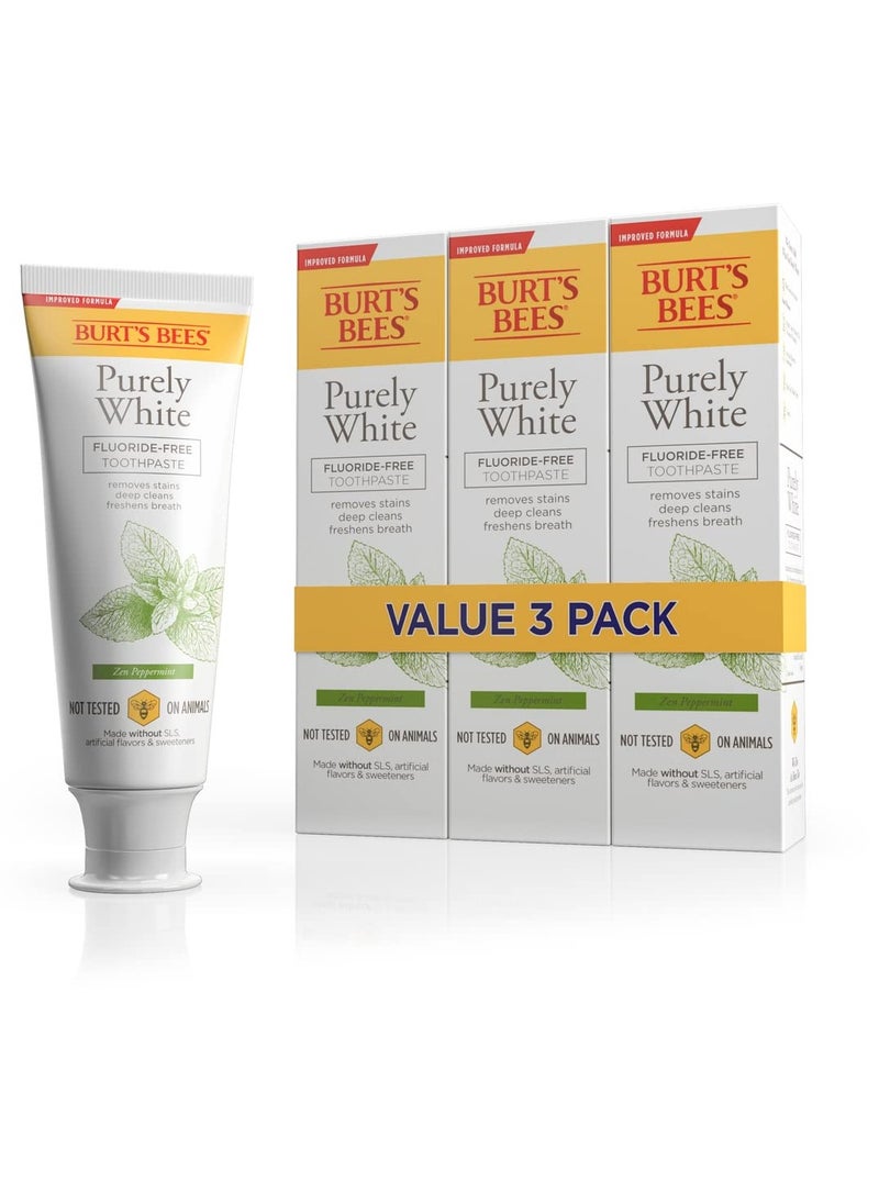 Burt's Bees Toothpaste, Natural Flavor, Fluoride-Free, Purely White, Zen Peppermint, 4.7 oz, Pack of 3