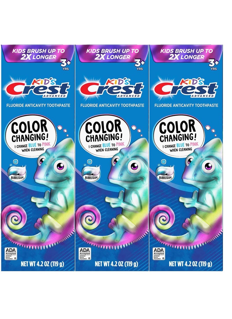 Crest Kids Advanced Fluoride Toothpaste, Bubblegum Flavor, 4.2 oz, 3 Count, Color-Changing Anticavity Toothpaste, Crest Kids Toothpaste, Kids Toothpaste with Fluoride