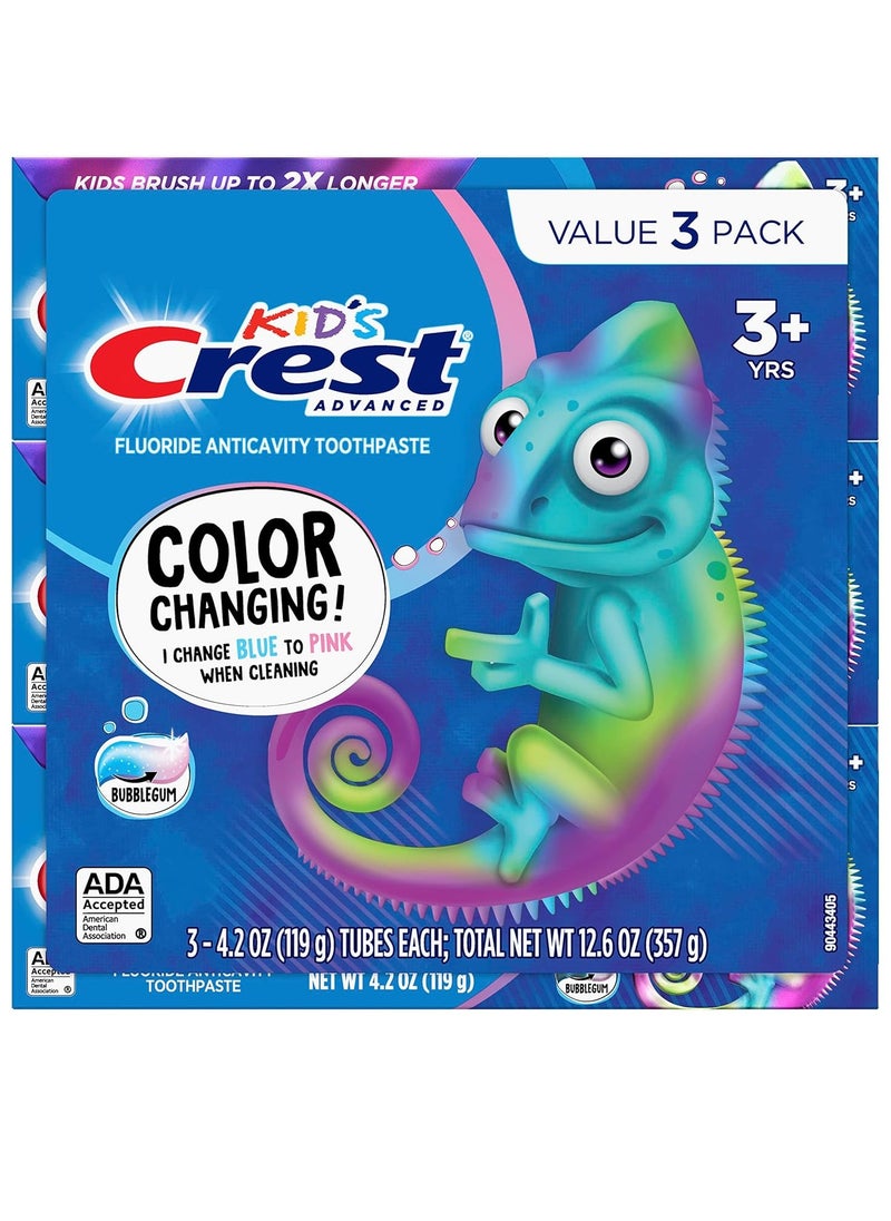 Crest Kids Advanced Fluoride Toothpaste, Bubblegum Flavor, 4.2 oz, 3 Count, Color-Changing Anticavity Toothpaste, Crest Kids Toothpaste, Kids Toothpaste with Fluoride