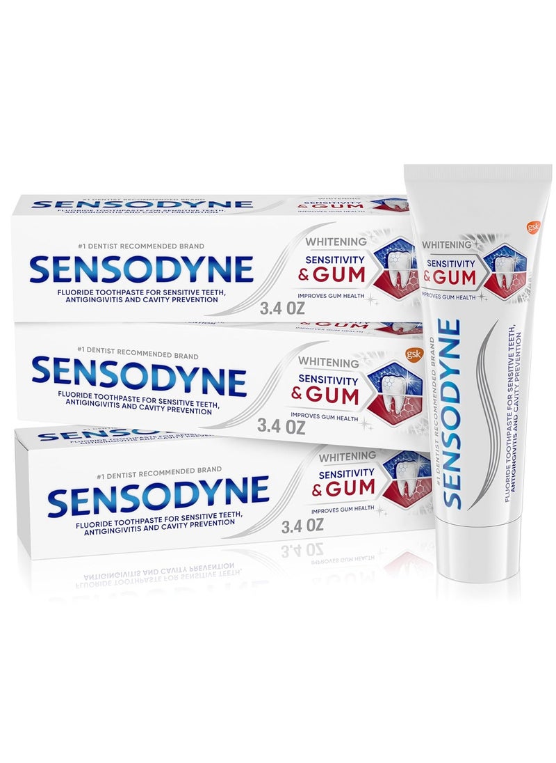 Sensodyne Sensitivity & Gum Whitening Toothpaste, Toothpaste for Sensitive Teeth & Gum Problems, 3.4 Ounces (Pack of 3)