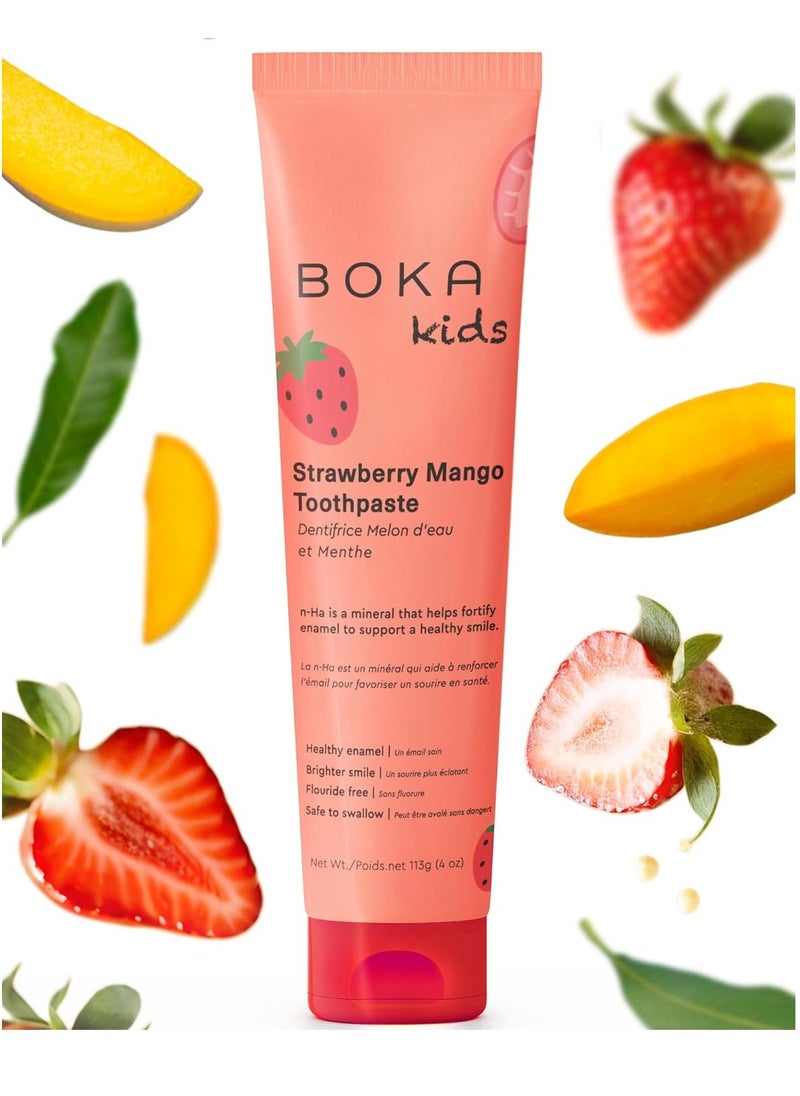 Boka Fluoride Free Toothpaste- Nano Hydroxyapatite, Remineralizing, Sensitive Teeth, Whitening- Dentist Recommended for Adult, Kids Oral Care- Strawberry Mango Flavor, 4oz 1Pk - US Manufactured