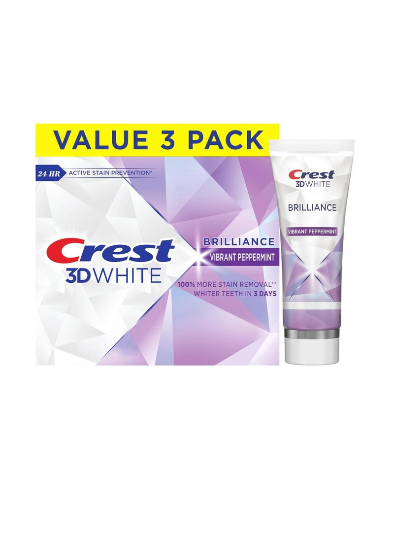 Crest 3D White Brilliance Vibrant Peppermint Teeth Whitening Toothpaste, 4.6 oz Pack of 3, Anticavity Fluoride Toothpaste, 100% More Surface Stain Removal, 24 Hour Active Stain Prevention