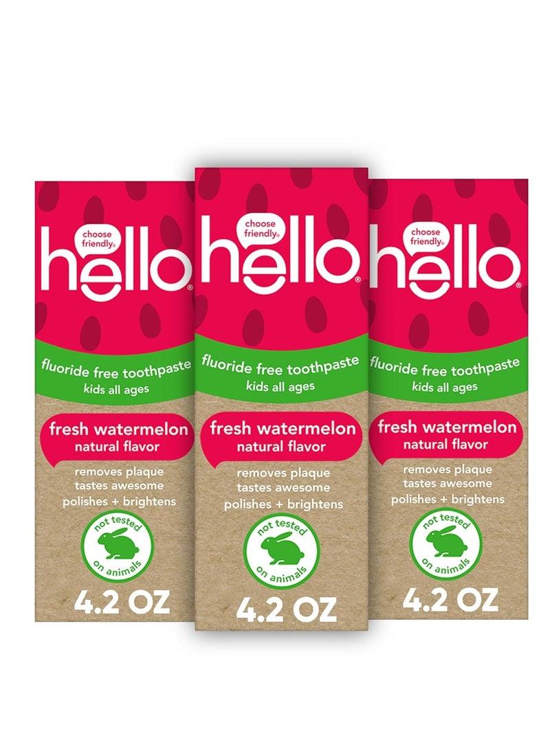 Hello Natural Watermelon Flavor Baby & Kids Fluoride Free Toothpaste, Vegan, SLS Free, Gluten Free, Safe to Swallow for Baby and Toddlers, 4.2 Ounce (Pack of 3)