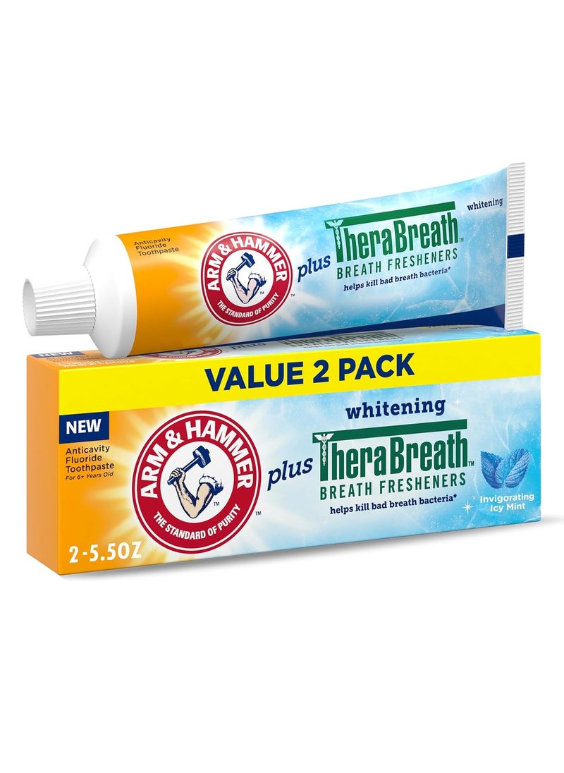 ARM & HAMMER Toothpaste Plus TheraBreath Breath Fresheners, Invigorating ICY Mint Flavor, Whitening Anticavity Fluoride Toothpaste for Bad Breath, 5.5 Oz (Pack of 2)